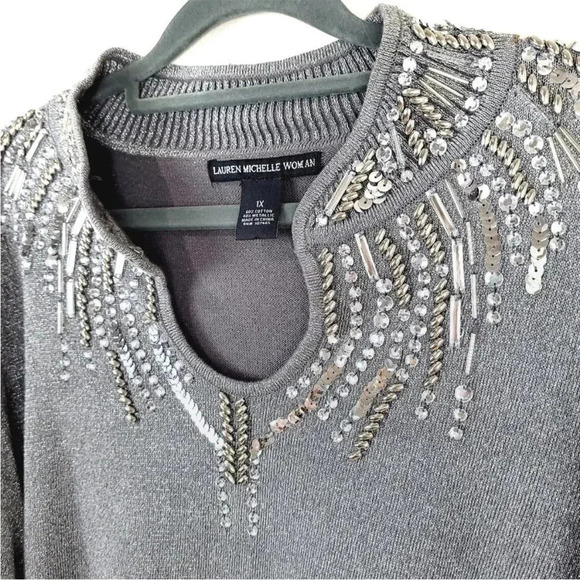 Y2K McBling Indie Sleaze Silver Rhinestone Keyhole Neck Sweater XL - Picture 4 of 10